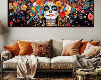 Panoramic Día de los Muertos Latina Canvas, Framed or Unframed, Long Horizontal Gallery-wrapped Giclée, Ready to Hang, Extra Large Wall Art
