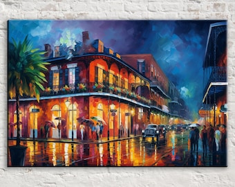 New Orleans French Quarter Canvas, Bourbon Street Painting Print, Large Canvas Art, Real Wood Frame, High Quality Canvas