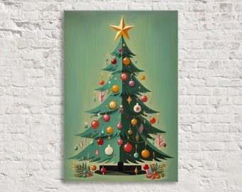 Mid-Century Modern Festive Art - Christmas Tree Giclee Print on Gallery-wrapped Artist Canvas, Ready to Hang, Available in Extra Large Sizes
