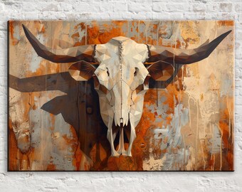 Texas Ranch Style Cow Skull Art, Giclée Print on Gallery-wrapped Artist Canvas, Available in Extra Large Sizes