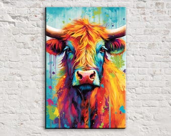 Highland Cow Painting, Watercolor Canvas Print, Colorful Cow Wall Art, Rural Art, Large Canvas Print