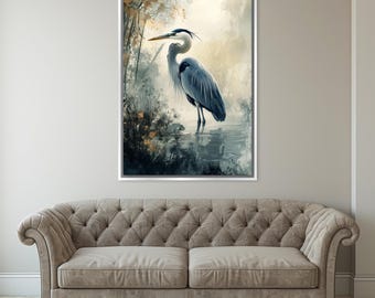 Muted Blue Heron Artwork for Coastal Home Style Canvas, Framed or Unframed, Gallery-wrapped Giclée, Ready to Hang, Extra Large Wall Art