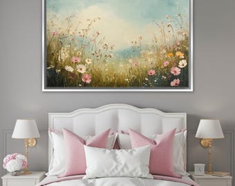 Elegant Vintage Wildflowers Extra Large Wall Art, Muted Colors Canvas Print Art, Framed or Unframed, Gallery-wrapped Giclée, Ready to Hang,