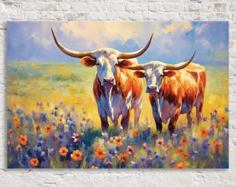 Texas Longhorns in Bluebonnets, Colorful Canvas Print, Texas Heritage Painting, Western Decor, Available in Extra Large Sizes