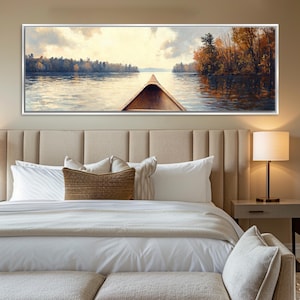 Panoramic Lake Canoe View Wall Art Canvas Print, Framed or Unframed, Long Horizontal Gallery-wrapped, Ready to Hang, Extra Large Wall Art