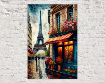 French Bistro Canvas, Paris Street Scene Painting, Eiffel Tower Giclee Canvas Print
