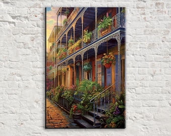 New Orleans Street Scene, French Quarter Cityscape Painting Print, Large Canvas Art, Real Wood Frame, High Quality Canvas