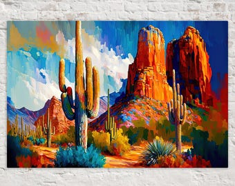 Southwest Desert Cactus Canvas Print, Canyon Landscape Painting, Arizona Scenery