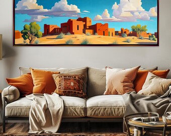 Panoramic Art Deco Mexican Pueblo Canvas Print, Framed Unframed, Long Horizontal Gallery-wrapped Giclée, Ready to Hang, Extra Large Wall Art