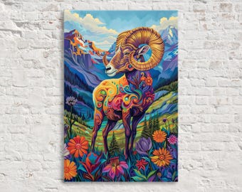 Beautiful Bighorn Sheep Scene, Flowery Nature Decor, Giclee Print on Gallery-wrapped Artist Canvas, Available in Extra Large Sizes