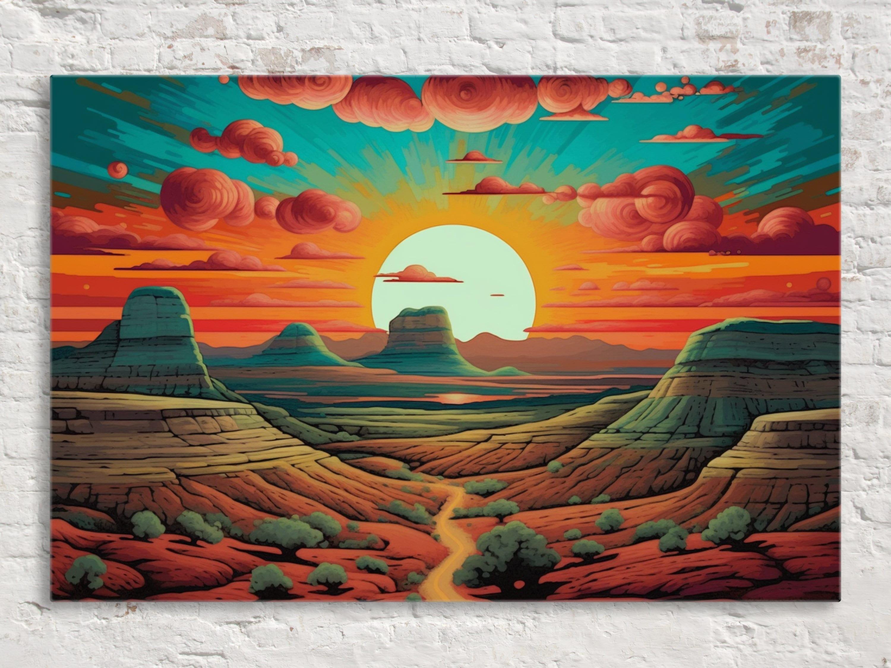 American Southwest Canvas, Desert Pop Art Landscape, Sunset Canyon