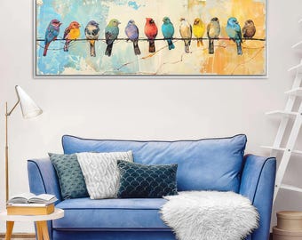 Colorful Birds on a Wire Panoramic Canvas Print, Long Horizontal Gallery-wrapped Giclée, Ready to Hang, Extra Large Wall Art