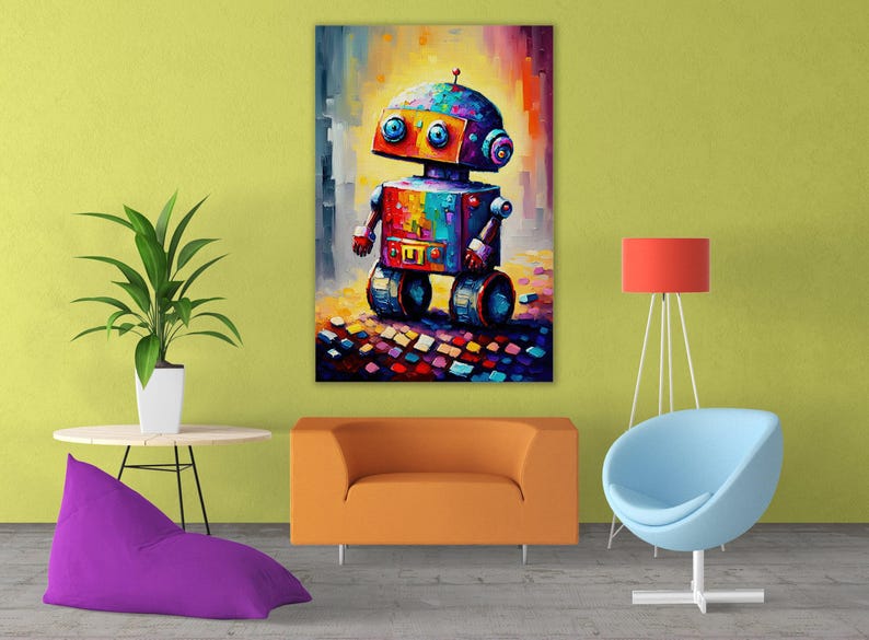 Cute Little Robot Canvas, Kids Room Robot Art, Painting Print, Children's Art image 7