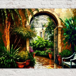 New Orleans Courtyard Art, Cityscape Rainy Painting, French Quarter Canvas Print, New Orleans Canvas Giclee Art Print