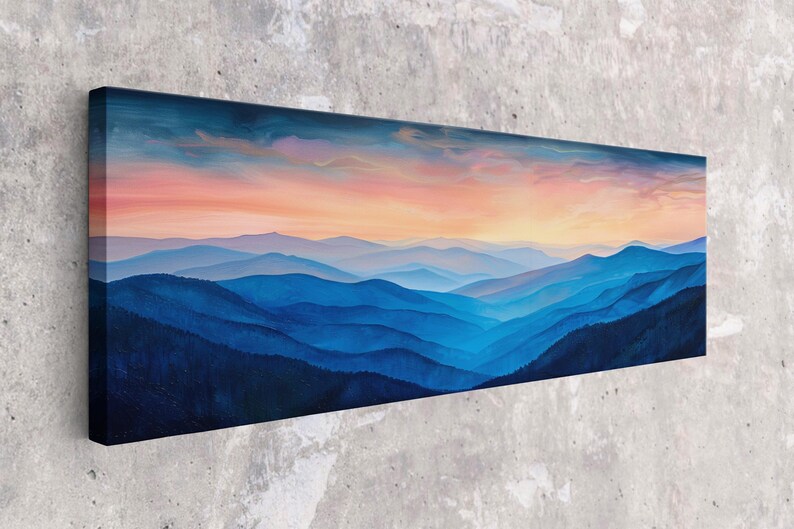 A painting of a mountain range with a vibrant sunset sky in the background.