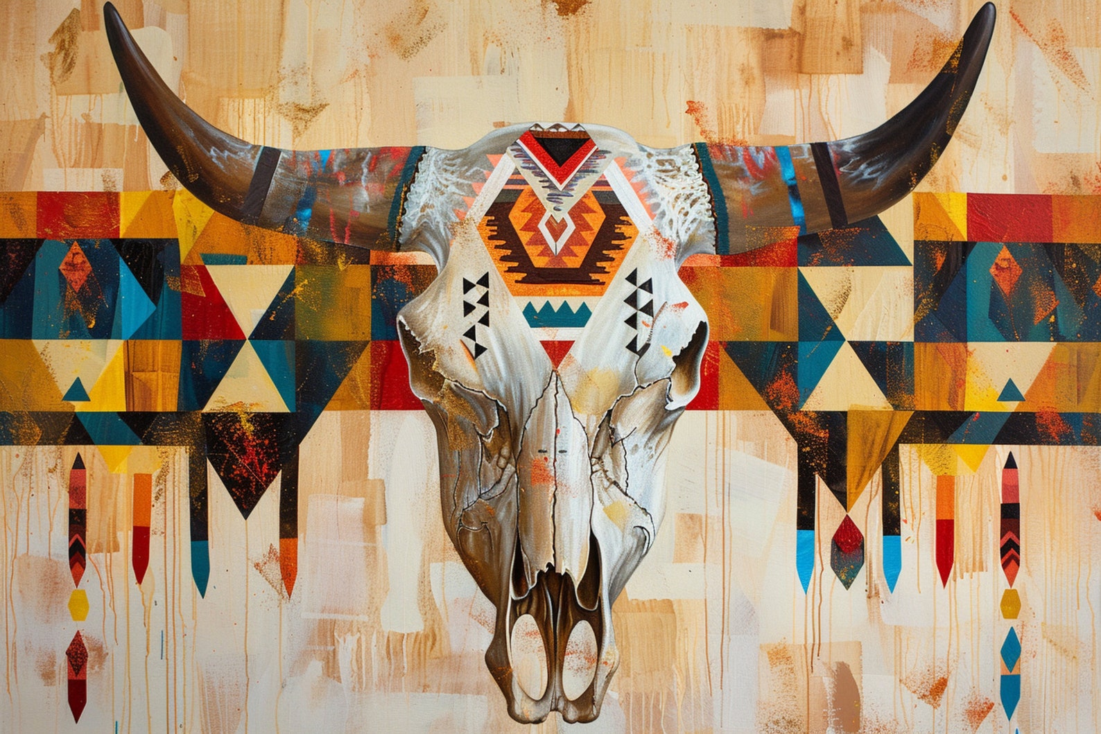 Tribal Cow Skull Wall Art, Native Longhorn Art, Giclée Print on Gallery ...