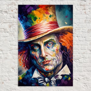 Mad Hatter Portrait Wall Art, Wonderland Painting Reproduction, Fantasy Canvas Art Print, Vibrant Colorful Art