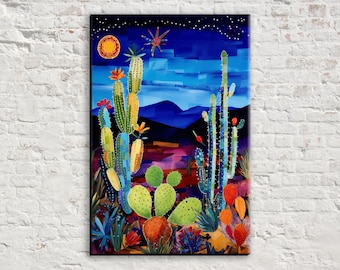 Midnight Oasis: Desert Night Scene Wall Art, Giclee Print on Gallery-wrapped Artist Canvas, Ready to Hang, Available in Extra Large Sizes