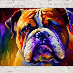 English Bulldog Art, Cute Dog Canvas, Painting Reproduction, Vibrant Colorful Art