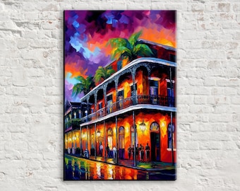 Vibrant and Colorful New Orleans Canvas Wall Art, Bourbon Street Painting Print, Large Canvas Art, Real Wood Frame, High Quality Canvas