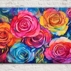 Modern Rose Bouquet Wall Art, Pink Yellow and Blue, Colorful Flowers, Alcohol Ink style, Canvas Giclee Prints, Large Canvas Print