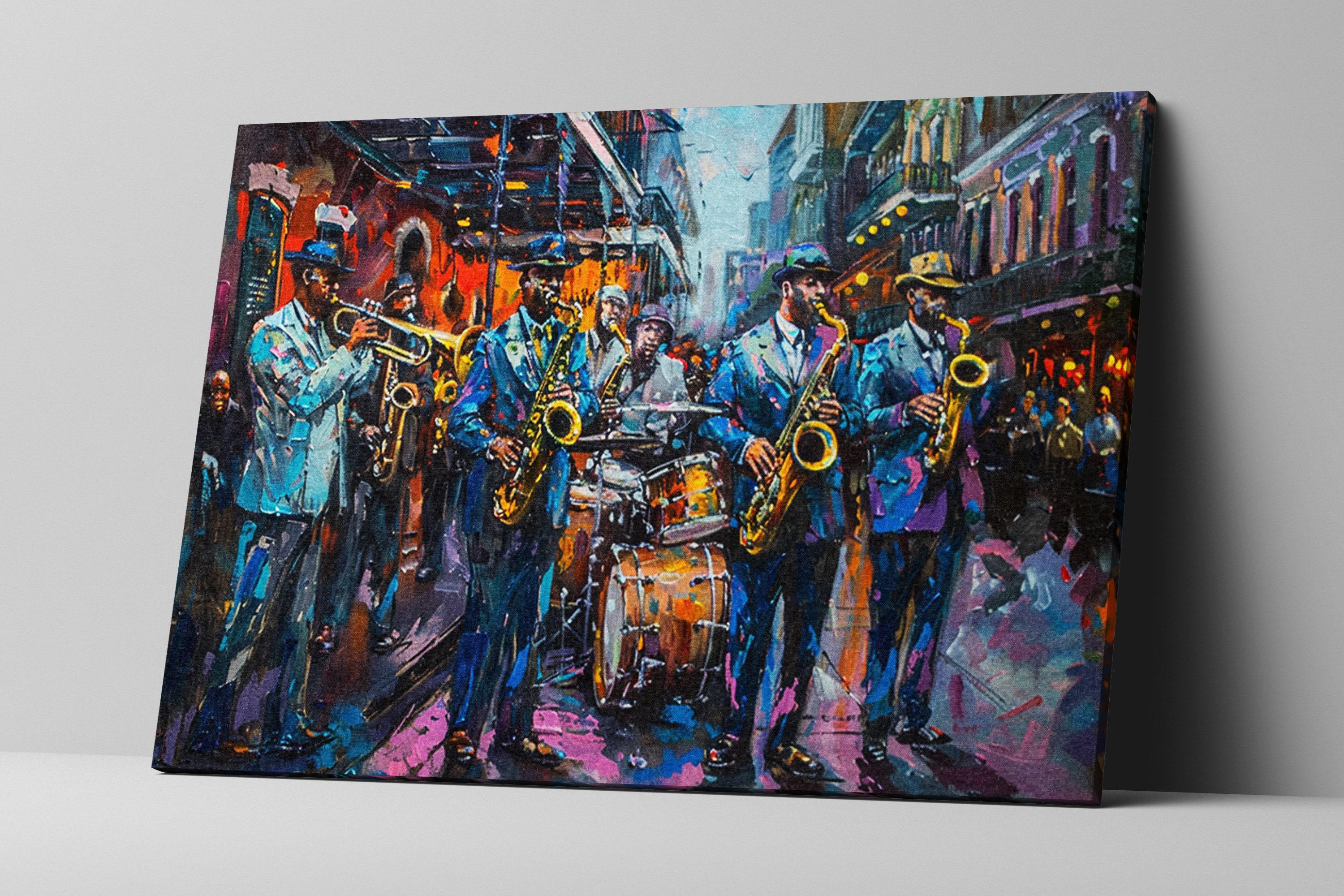 New Orleans Jazz Band Canvas Art, Colorful Bourbon Street Music