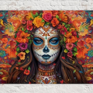 Day of the Dead Woman, Colorful Canvas Art Print, Tribute to Mexican Tradition, Life and Remembrance, Large Canvas Wall Art