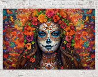 Day of the Dead Woman, Colorful Canvas Art Print, Tribute to Mexican Tradition, Life and Remembrance, Large Canvas Wall Art