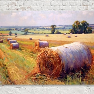 Rural Charm: Hay Bales Print, Giclee Print on Gallery-wrapped Artist Canvas, Ready to Hang, Available in Extra Large Sizes
