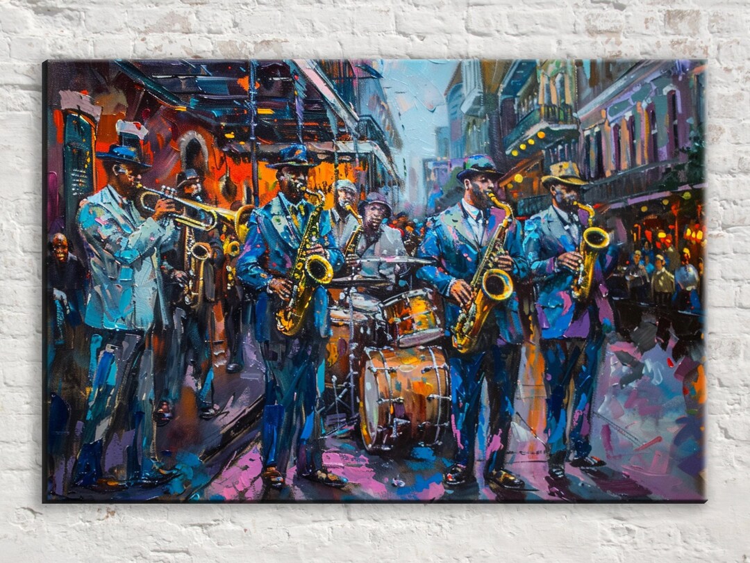 New Orleans Jazz Band Canvas Art, Colorful Bourbon Street Music