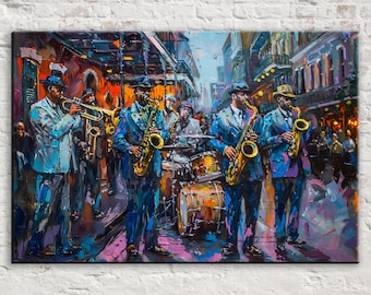 New Orleans Jazz Band Canvas Art, Colorful Bourbon Street Music | Framed or Unframed, Ready to Hang, Available in Extra Large Sizes