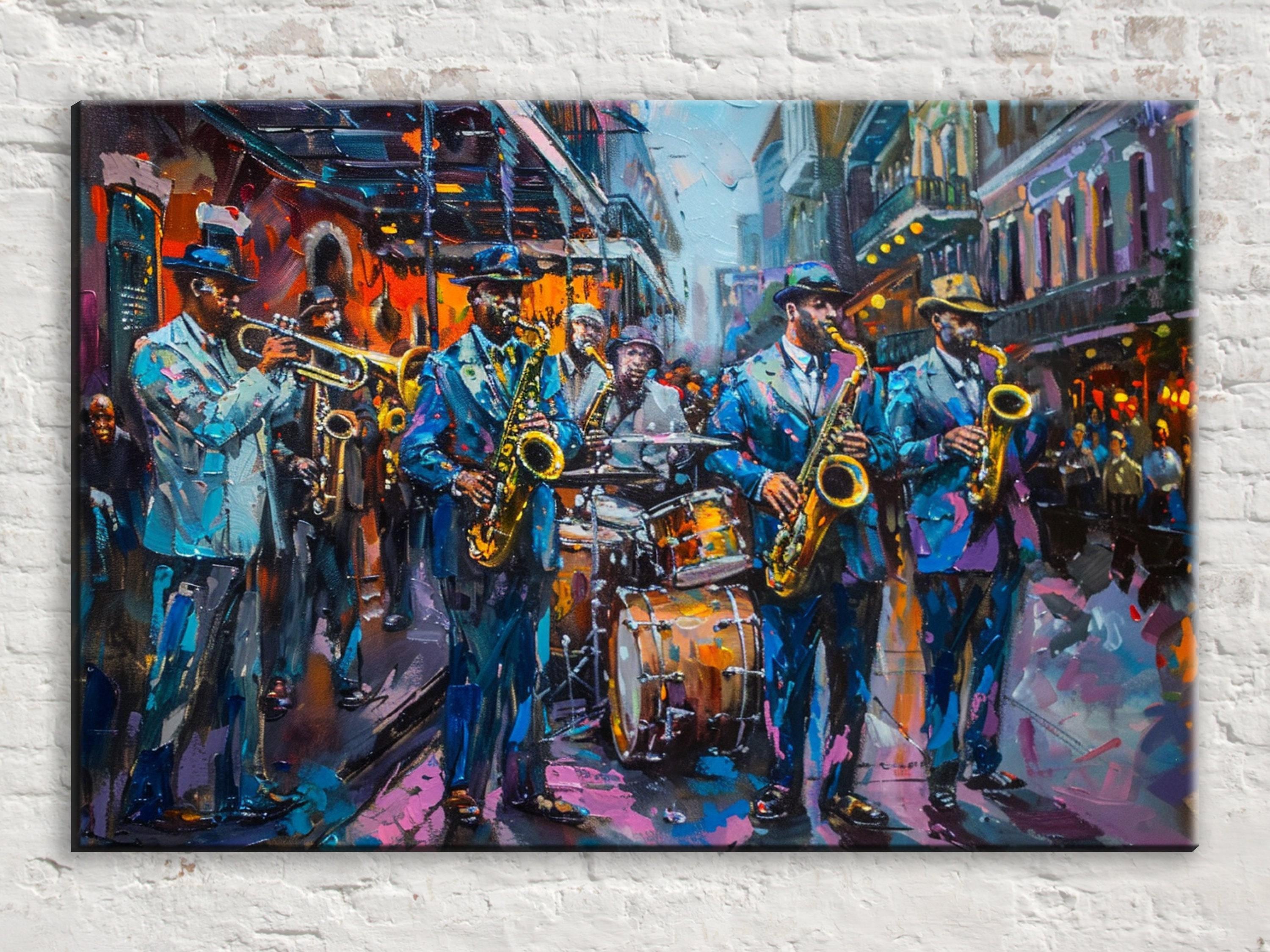 New Orleans Jazz Band Canvas Art, Colorful Bourbon Street Music