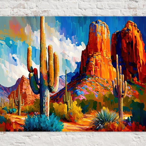 Southwest Desert Canvas Print Landscape Painting Cactus Etsy