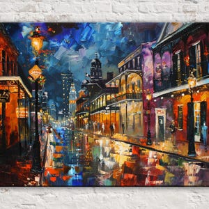 New Orleans Nightscape Canvas Art, Bourbon Street Rain Scene | Framed or Unframed, Ready to Hang, Available in Extra Large Sizes