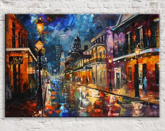New Orleans Nightscape Canvas Art, Bourbon Street Rain Scene | Framed or Unframed, Ready to Hang, Available in Extra Large Sizes