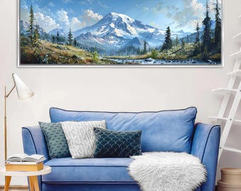 Mount Rainier Scenic Panoramic Canvas Print, Framed or Unframed, Long Horizontal Gallery-wrapped Giclée, Ready to Hang, Extra Large Wall Art