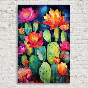 Cactus Oasis in Pueblo Setting: Watercolor Cacti Canvas Wall Art, Giclee on Gallery-wrapped Artist Canvas, Available in Extra Large Sizes