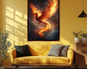 May include: A fiery orange and yellow phoenix bird with outstretched wings against a dark background with stars and smoke.