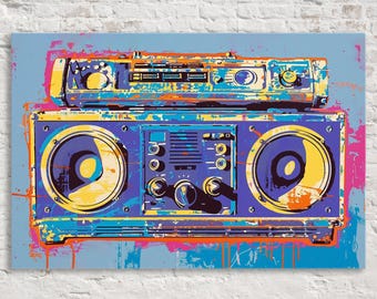 Retro Boombox Pop Art Wall Decor, Giclée Print on Gallery-wrapped Artist Canvas, Ready to Hang, Available in Extra Large Sizes