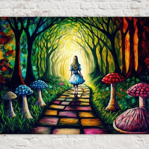 Alice Down the Rabbit Hole Wall Art, Fantasy Painting Reproduction, Canvas Art Print, Vibrant Colorful Art