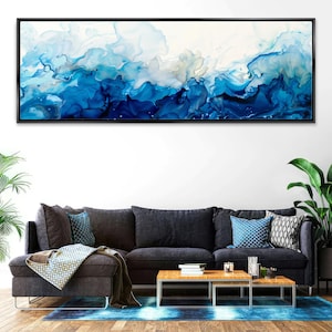 Blue Abstract Ink Flow Panoramic Canvas Print, Framed Unframed, Long Horizontal Gallery-wrapped Giclée, Ready to Hang, Extra Large Wall Art