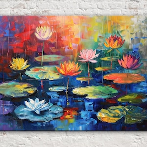 Colorful Water Lilies: Monet-Inspired Art, Giclée Print on Gallery-wrapped Artist Canvas, Ready to Hang, Available in Extra Large Sizes