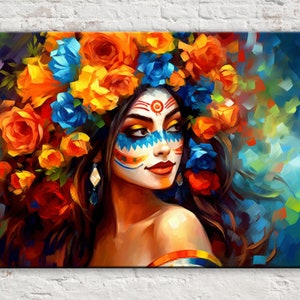 Celebrating Life: Day of the Dead Woman Wall Decor, Giclee Print on Gallery-wrapped Artist Canvas, Available in Extra Large Sizes