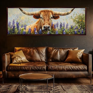 Texas Longhorn in Bluebonnet Field Panoramic Art, Long Horizontal Gallery-wrapped Giclée, Ready to Hang, Extra Large Wall Art