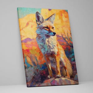 The image is a vibrant painting of a fox, featuring a mix of warm and cool colors, with a focus on the fox's fur and the background landscape.