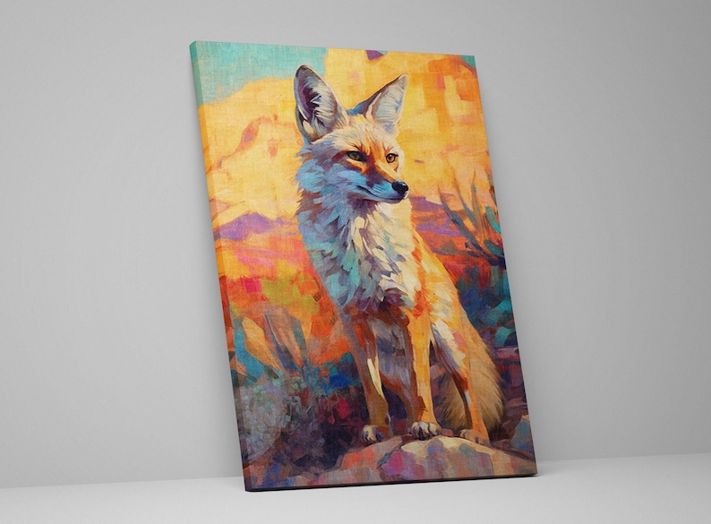 The image is a vibrant painting of a fox, featuring a mix of warm and cool colors, with a focus on the fox's fur and the background landscape.