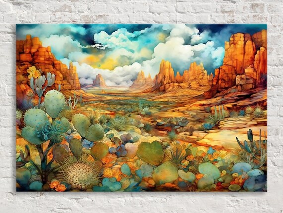 Canyon Cactus Canvas, Alcohol Inks Painting Print, Southwest Wall Art, Desert Beauty, Large Canvas