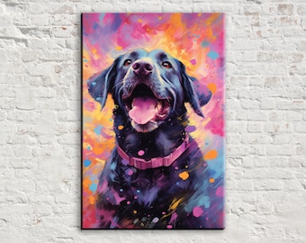 May include: A vibrant canvas print featuring a black Labrador Retriever with a pink collar. The dog is depicted with its mouth open and tongue out, set against a colorful, abstract background of pink, orange, and blue paint splatters. The artwork has a modern, artistic style.