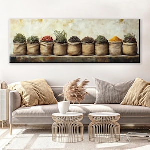 Fresh Herbs and Spices Kitchen Decor Canvas Print, Framed or Unframed, Long Horizontal Gallery-wrapped, Ready to Hang, Extra Large Wall Art