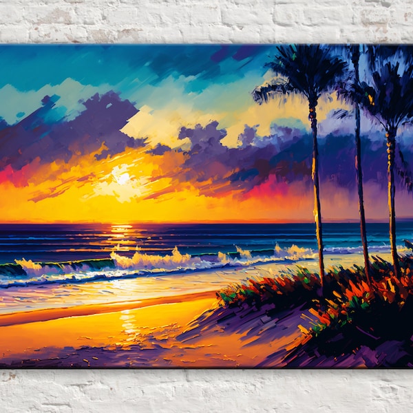 Beach Canvas, Coastal Beach Scene Painting, Nautical Vibrant Colorful Art, Large Canvas Wall Art, Ocean Sunset, High Quality Canvas